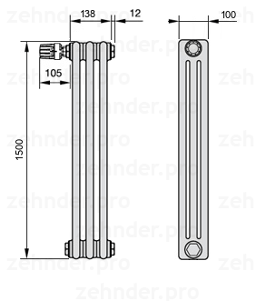 Схема (чертеж) Радиатор Zehnder Charleston 3150/3 №V011 Белый глянцевый RAL 9016